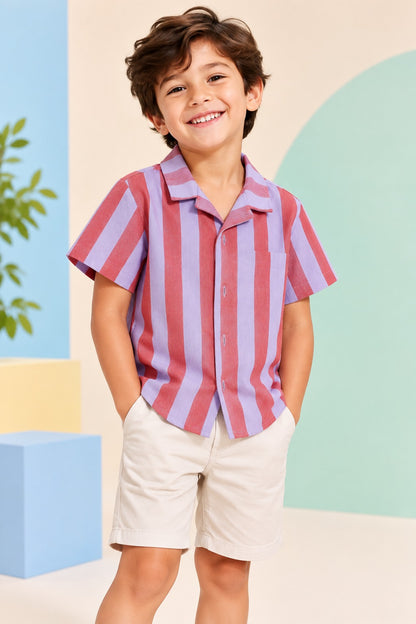 Boys Cotton Shirt - Dark Red Stripes