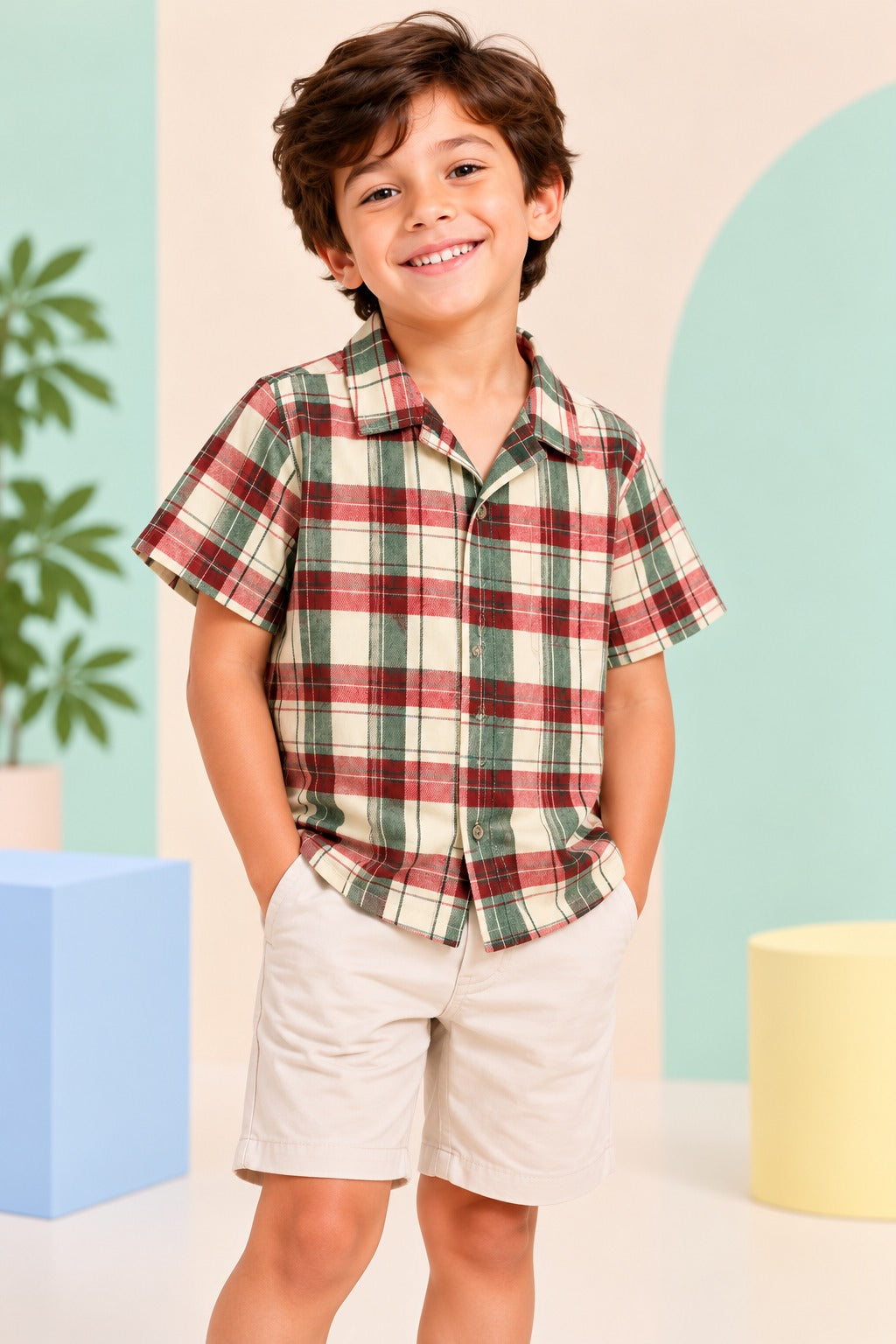 Boys Cotton Shirt - Dark Red Checked