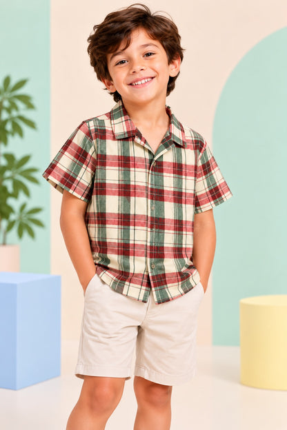 Boys Cotton Shirt - Dark Red Checked