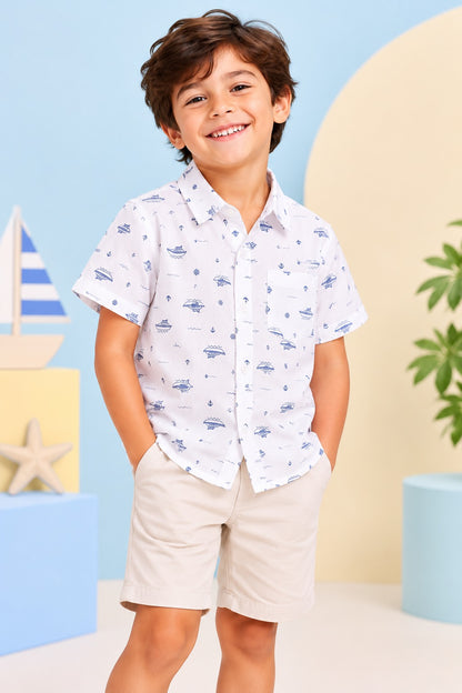 Boys Cotton Shirt - White Boat