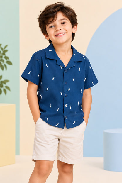 Boys Cotton Shirt - Navy Shark