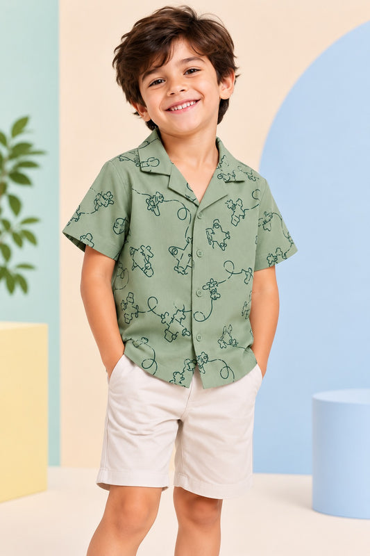 Boys Cotton Shirt - Green Aeroplane