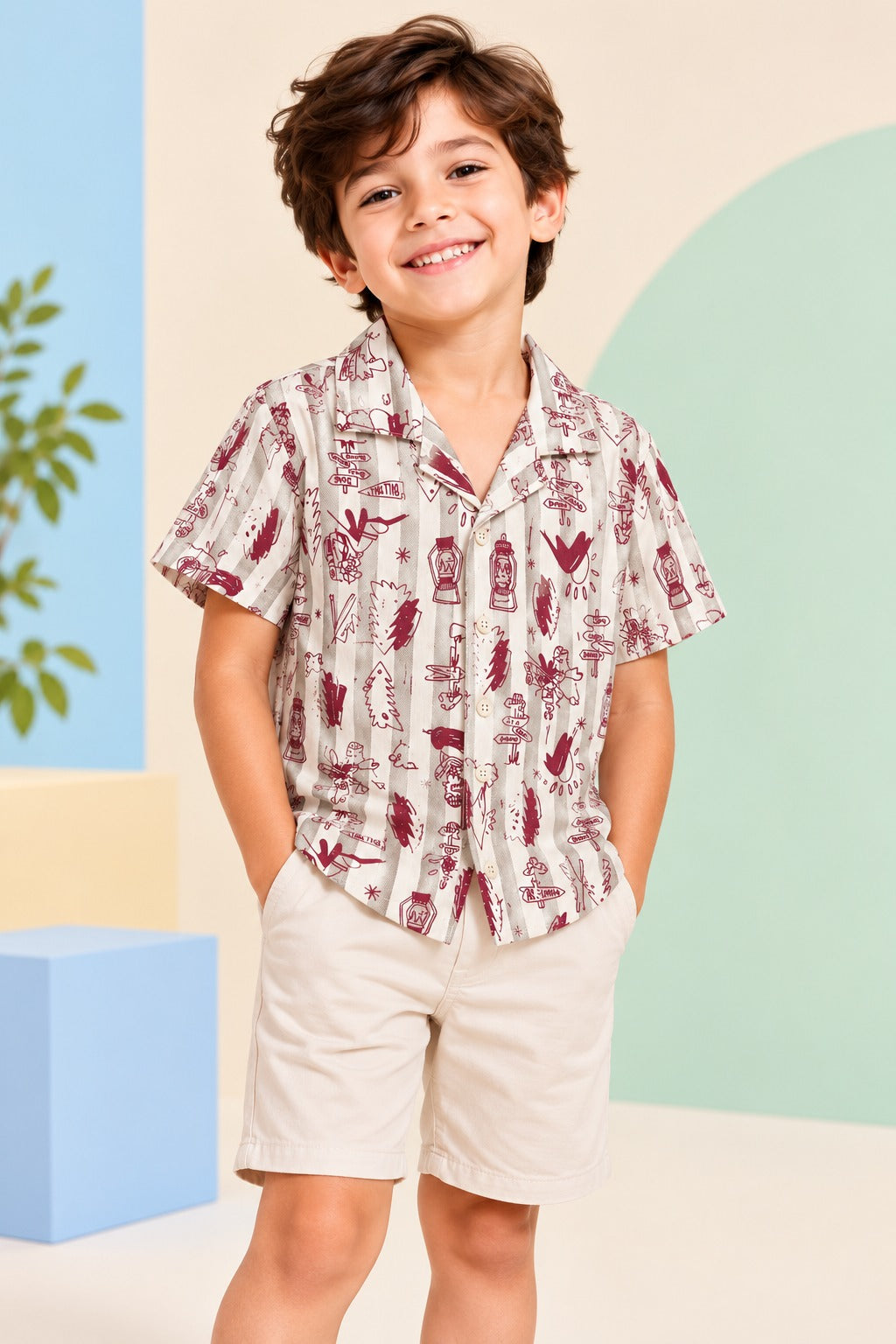 Boys Cotton Shirt - Creame Forest