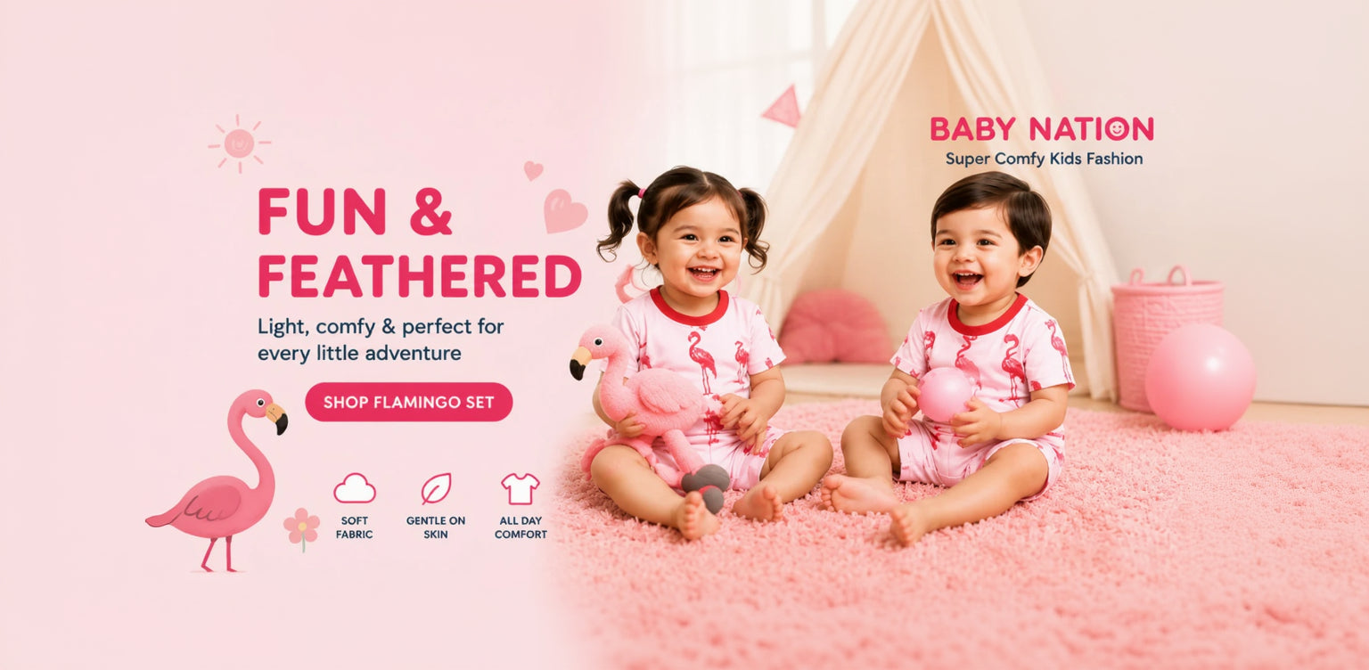 Two children in flamingo-themed outfits sitting on a pink carpet with promotional text for Baby Nation.