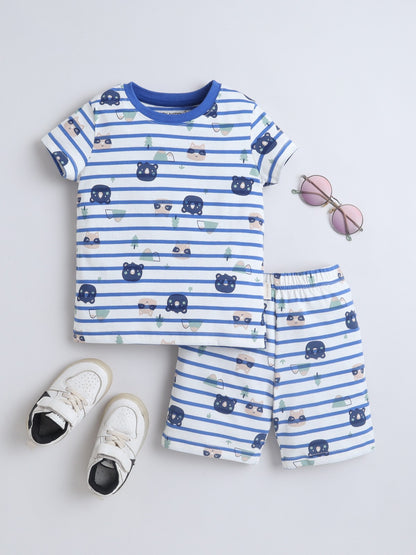 Baby Nation Boys Cat Print Cotton T-Shirt & Shorts Set – White Blue Striped Co-ord