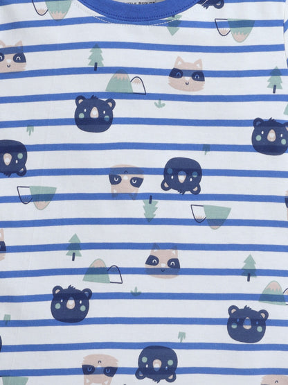 Baby Nation Boys Cat Print Cotton T-Shirt & Shorts Set – White Blue Striped Co-ord