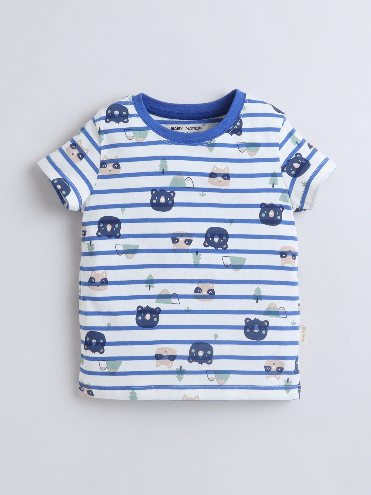 Baby Nation Boys Cat Print Cotton T-Shirt & Shorts Set – White Blue Striped Co-ord