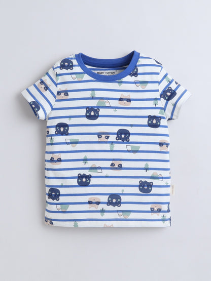 Baby Nation Boys Cat Print Cotton T-Shirt & Shorts Set – White Blue Striped Co-ord