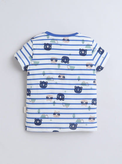 Baby Nation Boys Cat Print Cotton T-Shirt & Shorts Set – White Blue Striped Co-ord