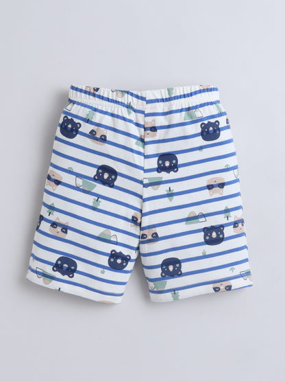 Baby Nation Boys Cat Print Cotton T-Shirt & Shorts Set – White Blue Striped Co-ord