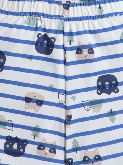 Baby Nation Boys Cat Print Cotton T-Shirt & Shorts Set – White Blue Striped Co-ord