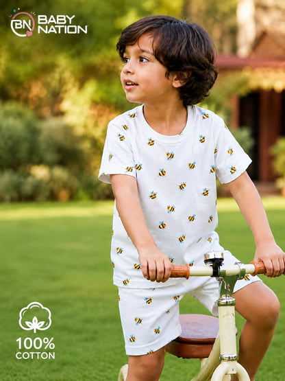 Baby Nation Cotton Knit Half Sleeves  Honey Bee Printed Coordinating T-Shirt & Shorts Set - White