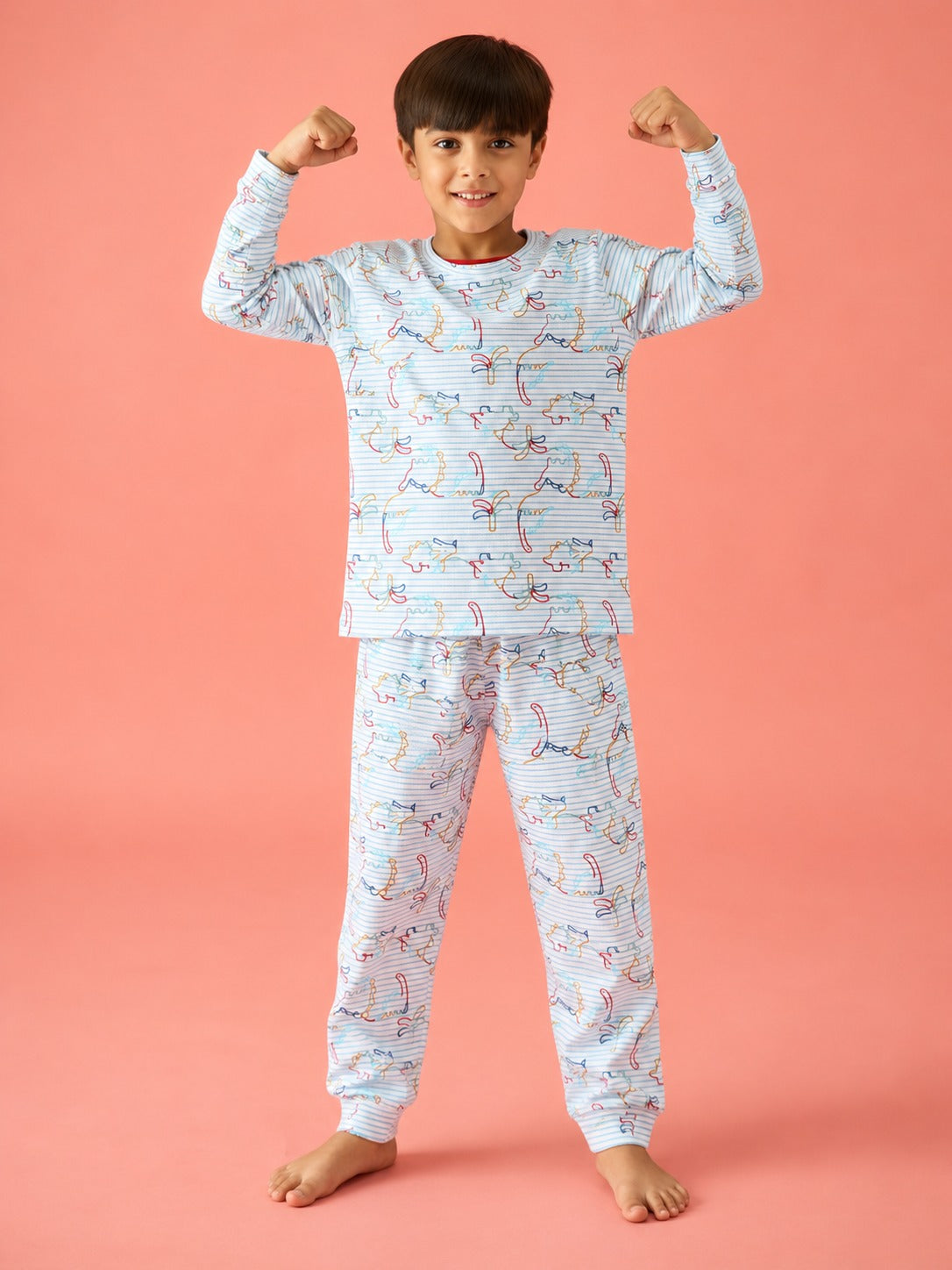 Baby Nation Kids Printed Cotton Night Suit Set - White Dino