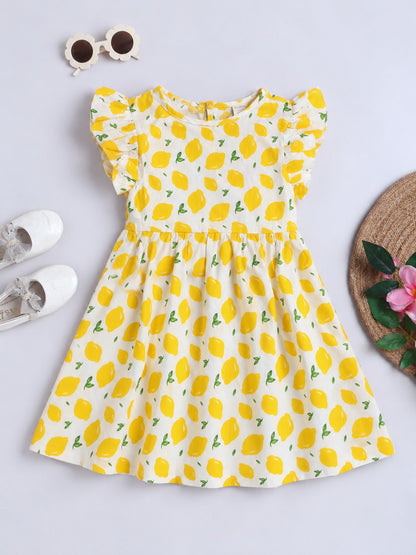 Girls Cotton Dress - Yellow Lemon Print