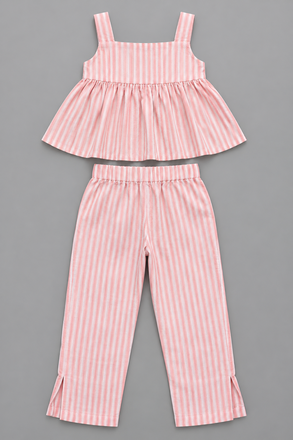 Girls 100% Cotton Striped Peplum Top and Pant Co-Ord Set -  Orange Striped