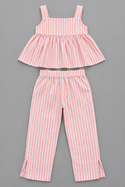 Girls 100% Cotton Striped Peplum Top and Pant Co-Ord Set -  Orange Striped