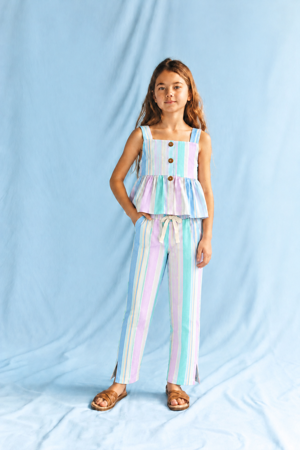 Girls 100% Cotton Striped Peplum Top and Pant Co-Ord Set -  Candy Striped