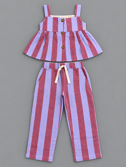 Girls 100% Cotton Striped Peplum Top and Pant Co-Ord Set -  Maroon Striped