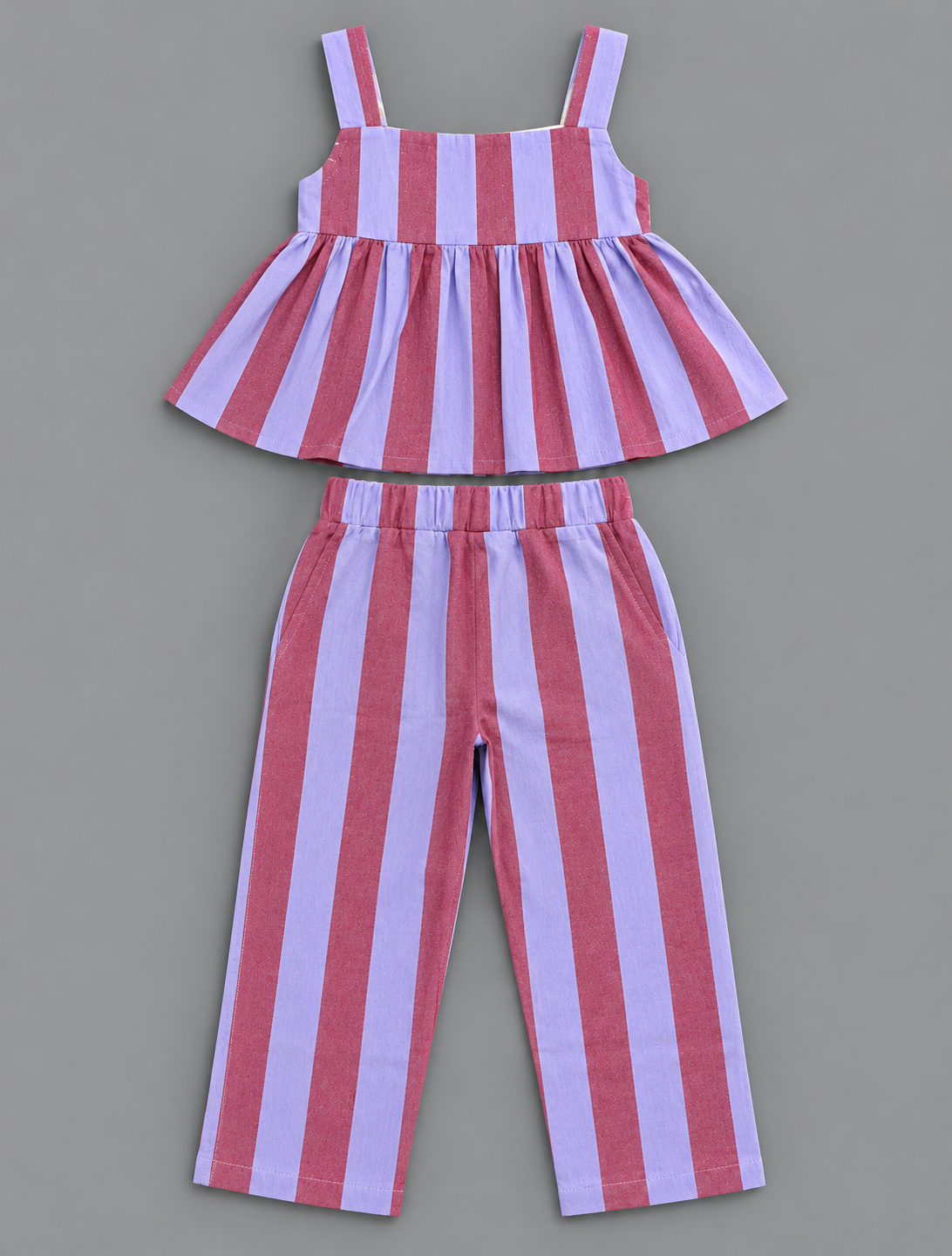 Girls 100% Cotton Striped Peplum Top and Pant Co-Ord Set -  Maroon Striped