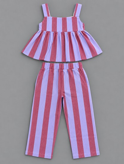 Girls 100% Cotton Striped Peplum Top and Pant Co-Ord Set -  Maroon Striped