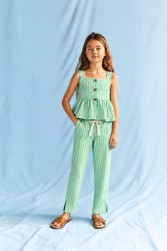 Girls 100% Cotton Striped Peplum Top and Pant Co-Ord Set -  Green Striped