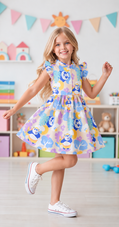 Girls Printed Woven Frock- Blue Panda
