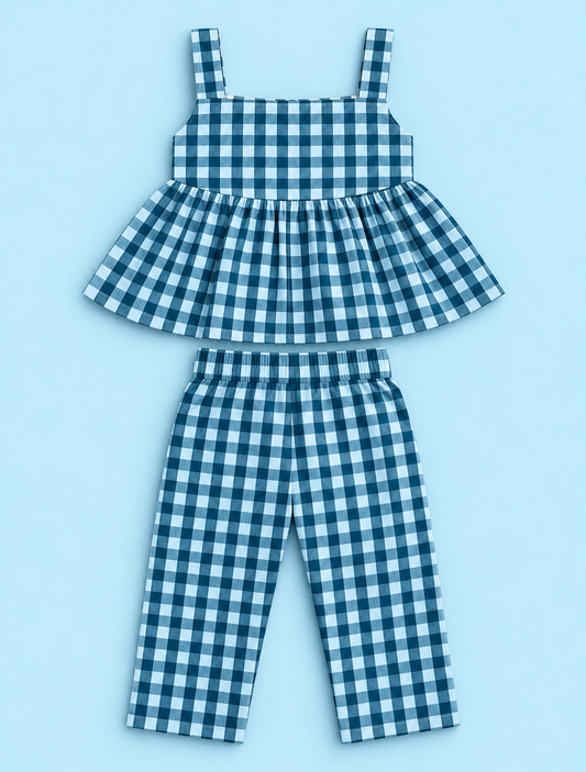 Girls 100% Cotton Striped Peplum Top and Pant Co-Ord Set - Dark Green Checked