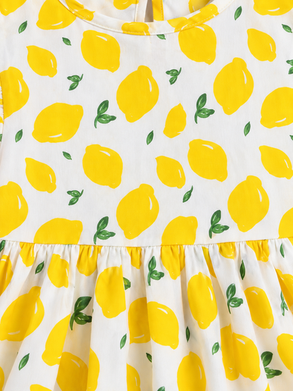 Girls Cotton Dress - Yellow Lemon Print