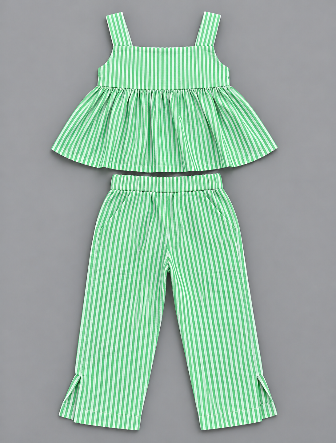 Girls 100% Cotton Striped Peplum Top and Pant Co-Ord Set -  Green Striped