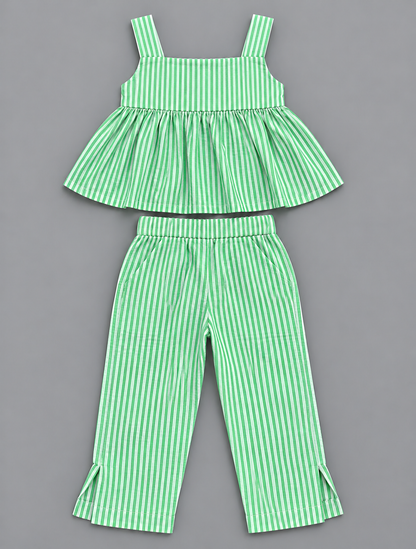 Girls 100% Cotton Striped Peplum Top and Pant Co-Ord Set -  Green Striped