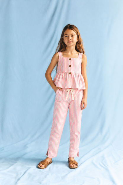 Girls 100% Cotton Striped Peplum Top and Pant Co-Ord Set -  Orange Striped