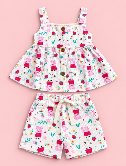 Girls 100% Cotton Striped Peplum Top and Shorts Co-Ord Set -  White Peppa Pig