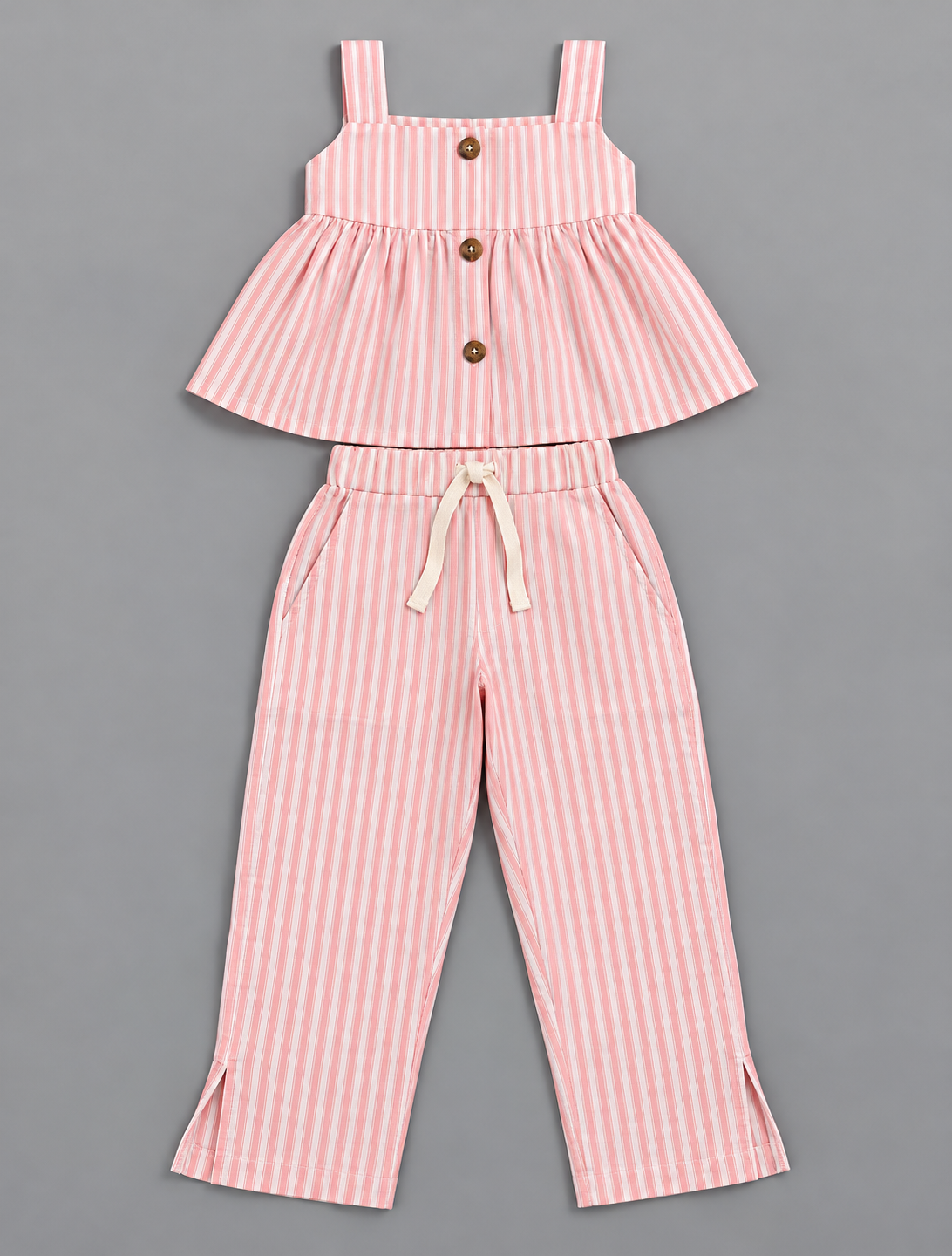 Girls 100% Cotton Striped Peplum Top and Pant Co-Ord Set -  Orange Striped