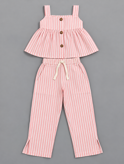 Girls 100% Cotton Striped Peplum Top and Pant Co-Ord Set -  Orange Striped