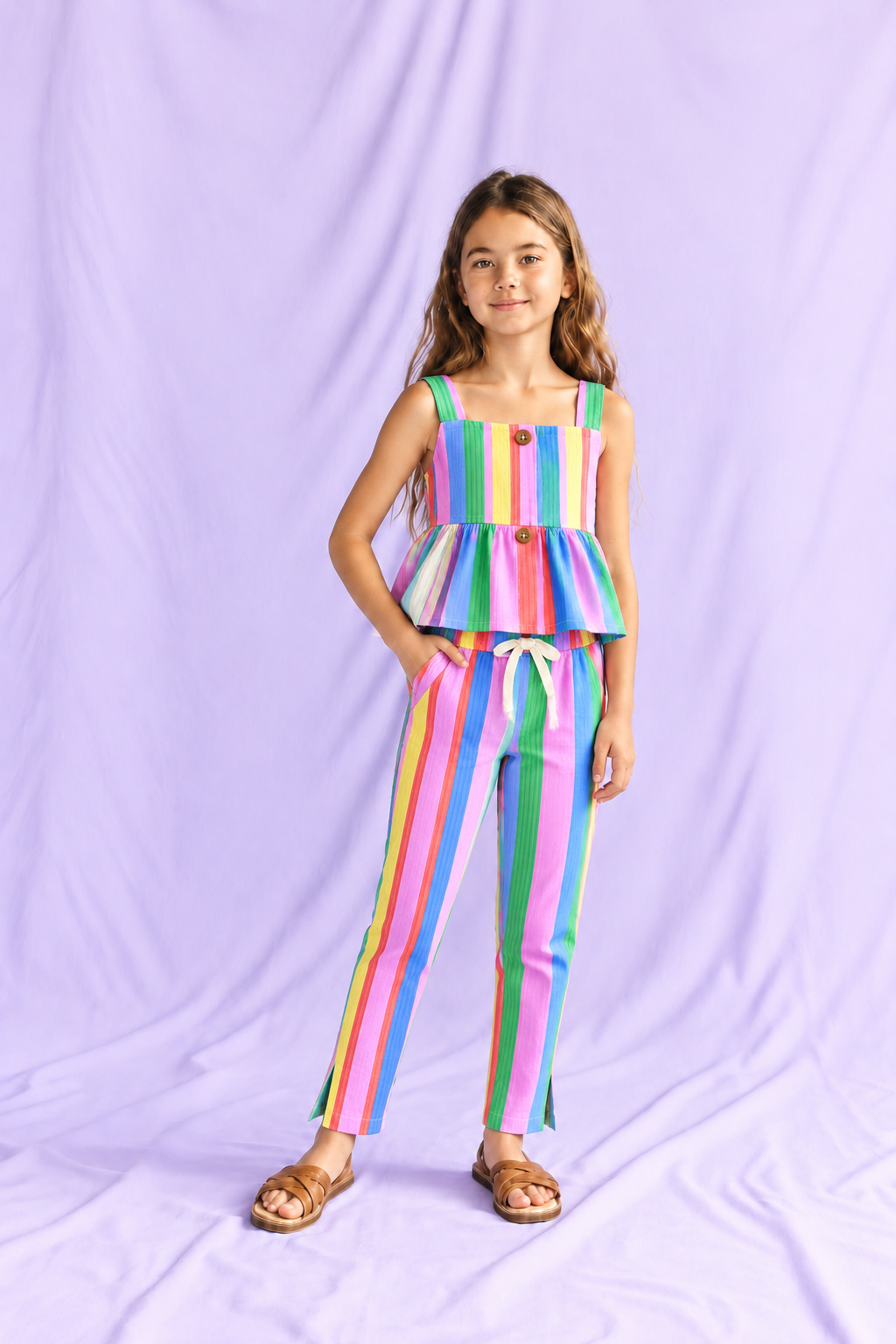 Girls 100% Cotton Striped Peplum Top and Pant Co-Ord Set - Rainbow Stripes