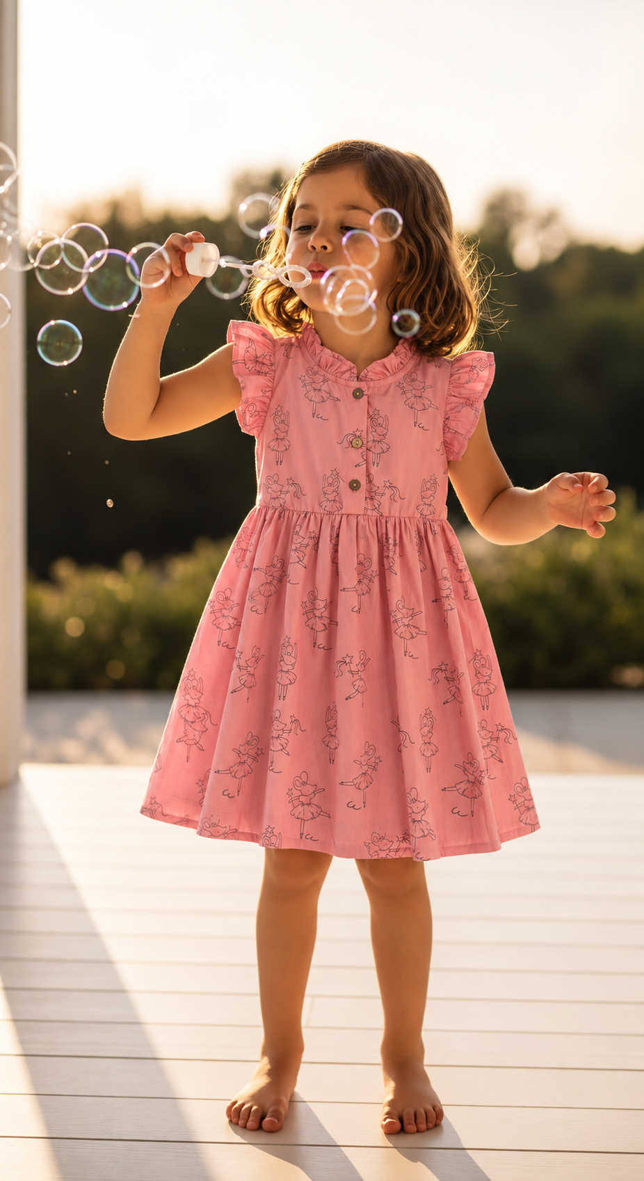 Girls Printed Woven Frock- Pink Rat