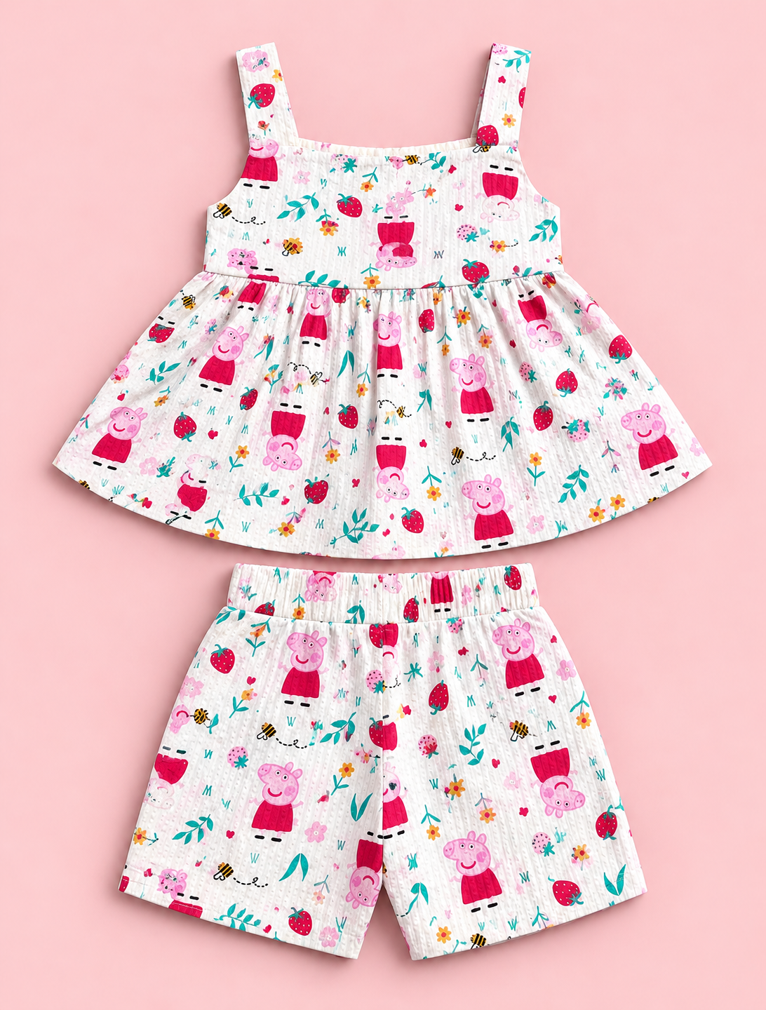Girls 100% Cotton Striped Peplum Top and Shorts Co-Ord Set -  White Peppa Pig