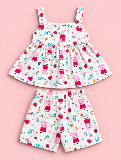 Girls 100% Cotton Striped Peplum Top and Shorts Co-Ord Set -  White Peppa Pig